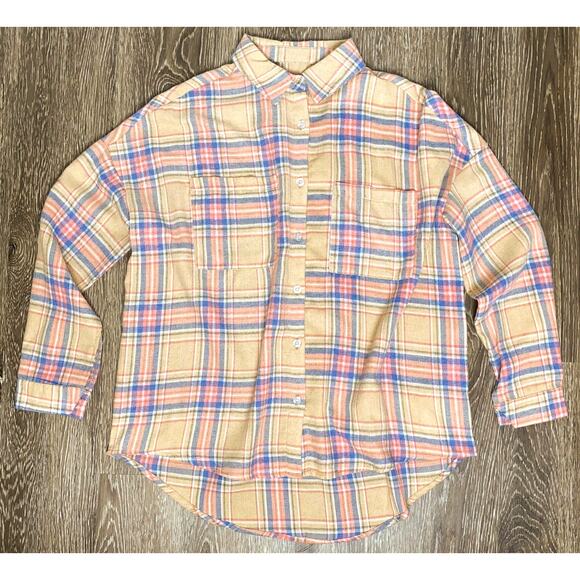 NWT Small Oversized Tan Flannel Button Up Shirt Long‎ Sleeve Down Plaid Collared - Picture 3 of 5